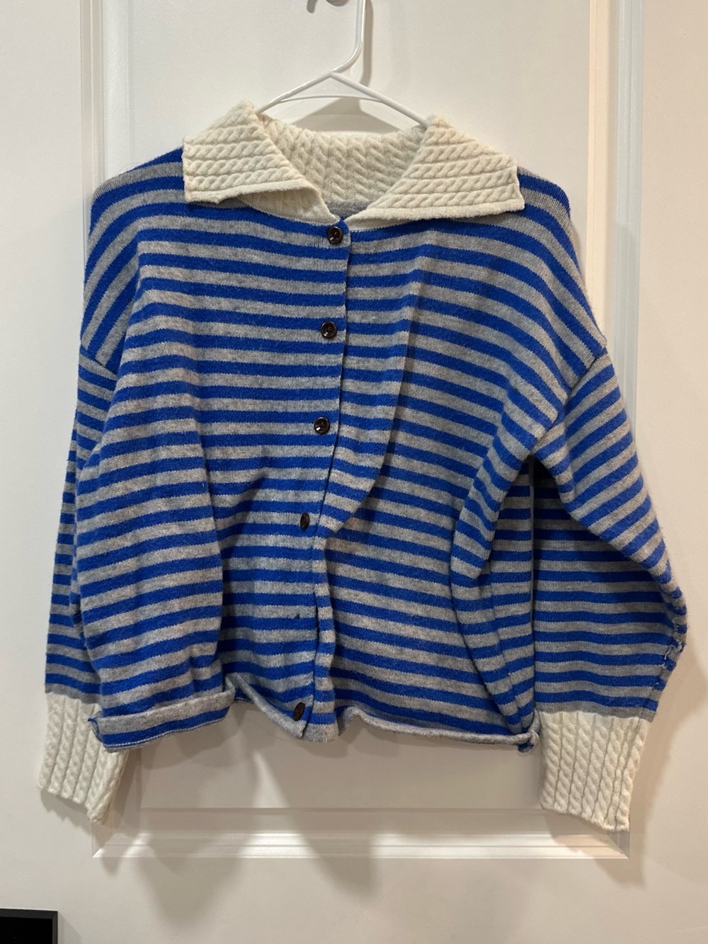 Striped Blue and Cream Button-Up Women's Sweater